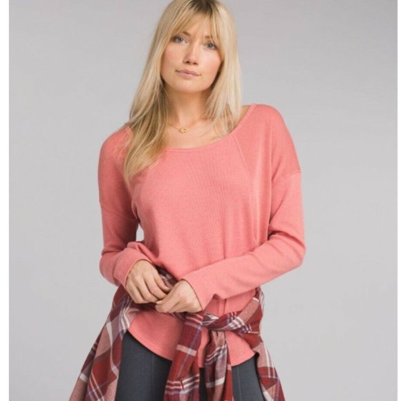 Prana Womens Remi Waffle Knit Thermal Athletic Outdoor Pullover Rhubarb L - Picture 2 of 15